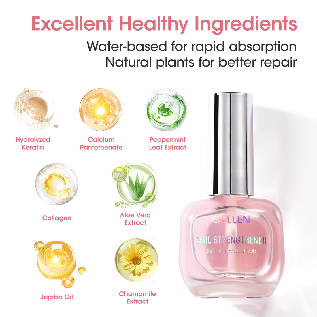 Gellen 15ml Nail Strengthener, Air Dry Clear Finish Nail Growth Strengthener for Thin Weak and Damaged Nails Repair Solution with Protein Keratin Calcium Nourish Nail Care Treatment, Sakura Scented