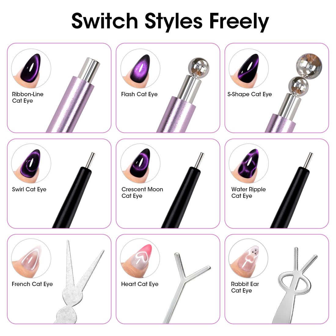 Gellen Cat Eye Magnet for Nails, Magnetic Nail Tool Kit with Double Ended Magnet Pen, Ball Magnets & French Tip Guide Plate for Cat Eye Gel Polish Nail Art