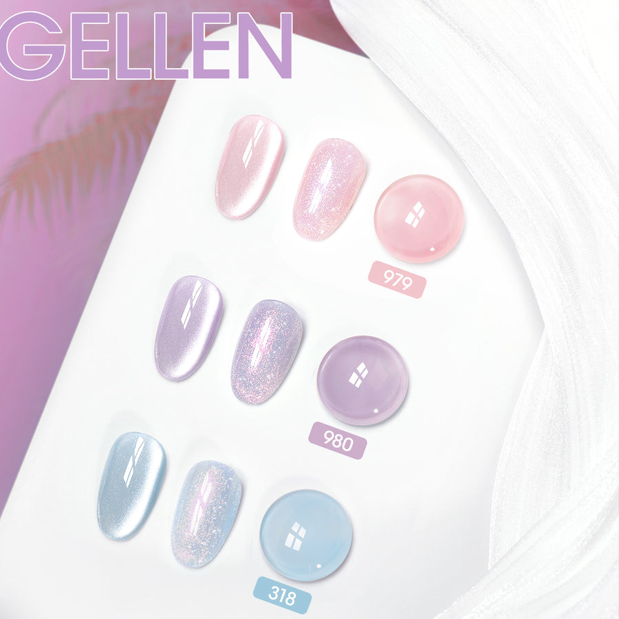 Gellen 6×8ml Gel Nail Polish Kit with Magnet, Natural 4 Effects Cat Eye & Blooming & Shimmer & Nude Gel Polish Set, Soak off Nail Gel At Home Salon Use, Blue Purple Pink Series