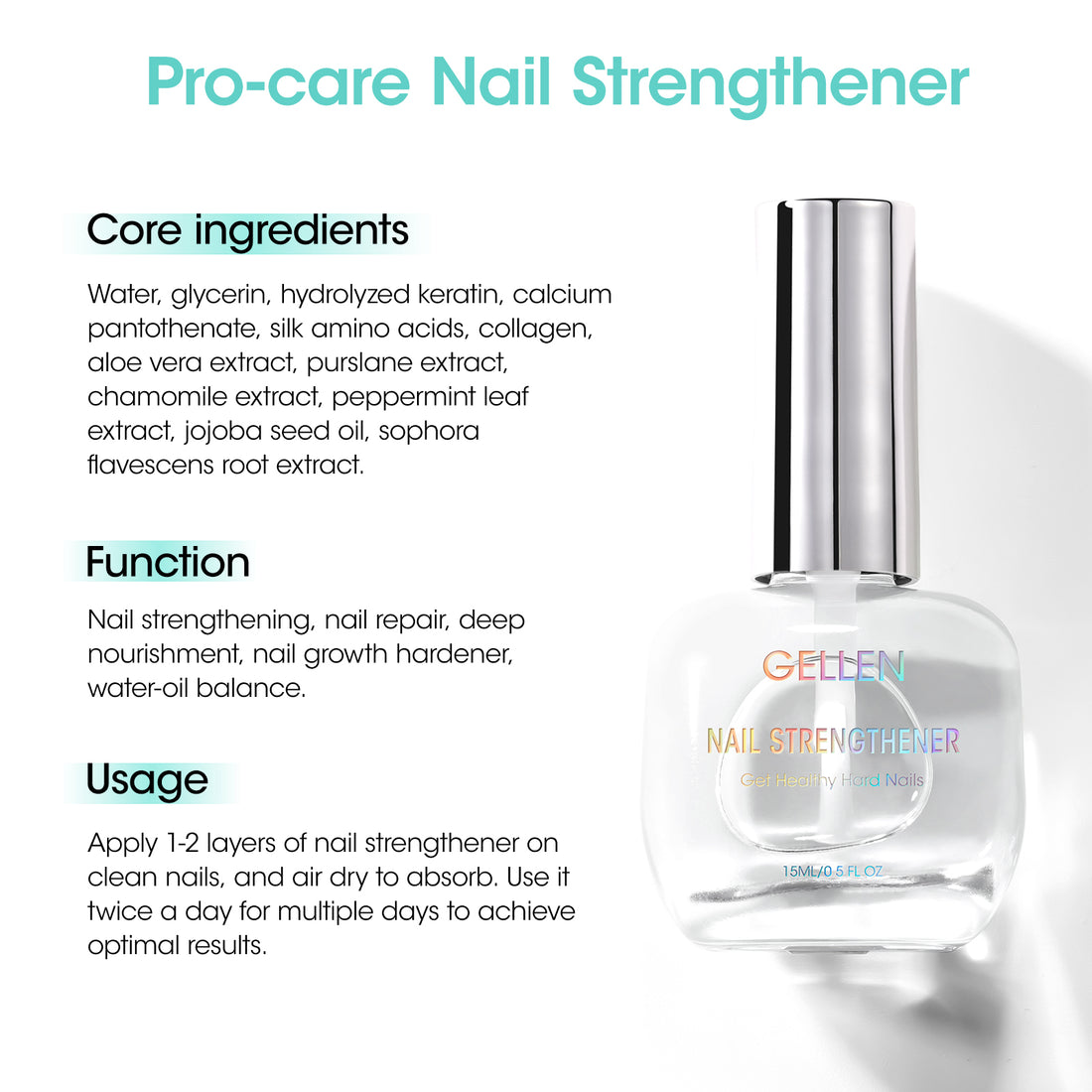 Gellen 15ml Nail Strengthener, Air Dry Clear Finish Nail Growth Strengthener for Thin Weak and Damaged Nails Repair Solution with Protein Keratin Calcium Nourish Nail Care Treatment, Unscented