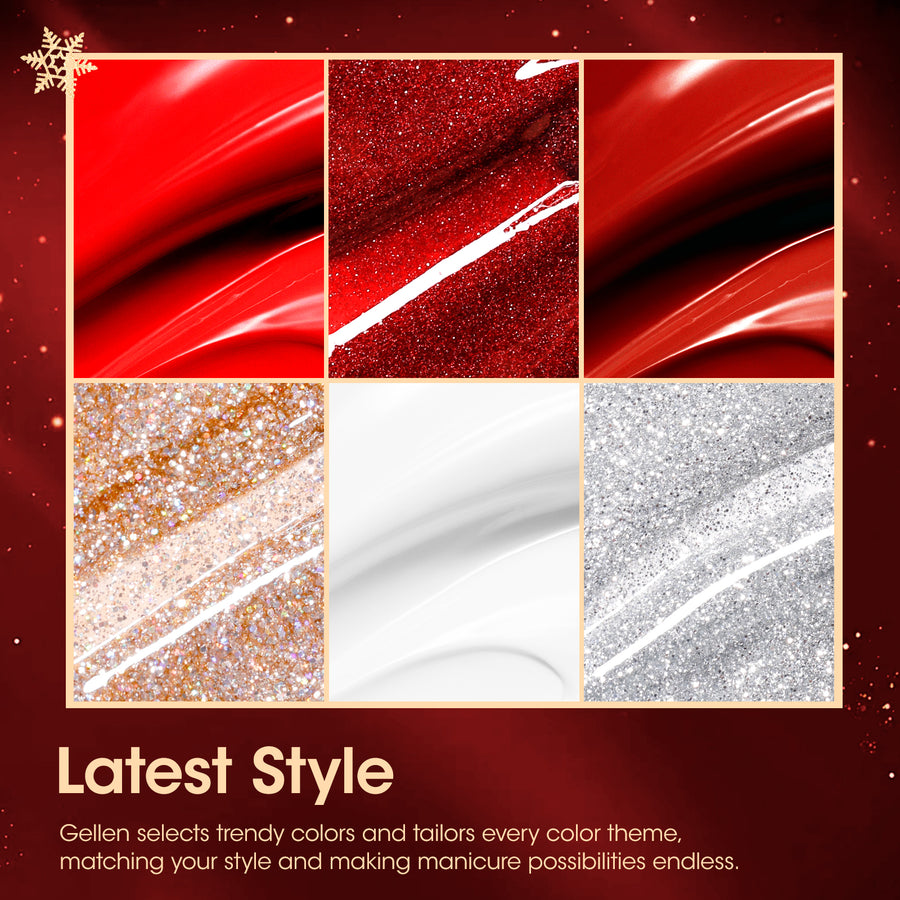 Gellen Red Gel Nail Polish, 6 Colors Red Burgundy Glitter Gel Polish Set Snow White Gold Silver Sparkle Soak Off Nail Gel Kit for Christmas Nail Art Home Diy Manicure
