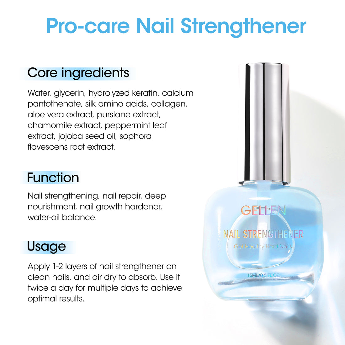 Gellen 15ml Nail Strengthener, Air Dry Clear Finish Nail Growth Strengthener for Thin Weak and Damaged Nails Repair Solution with Protein Keratin Calcium Nourish Nail Care Treatment, Ocean Scented