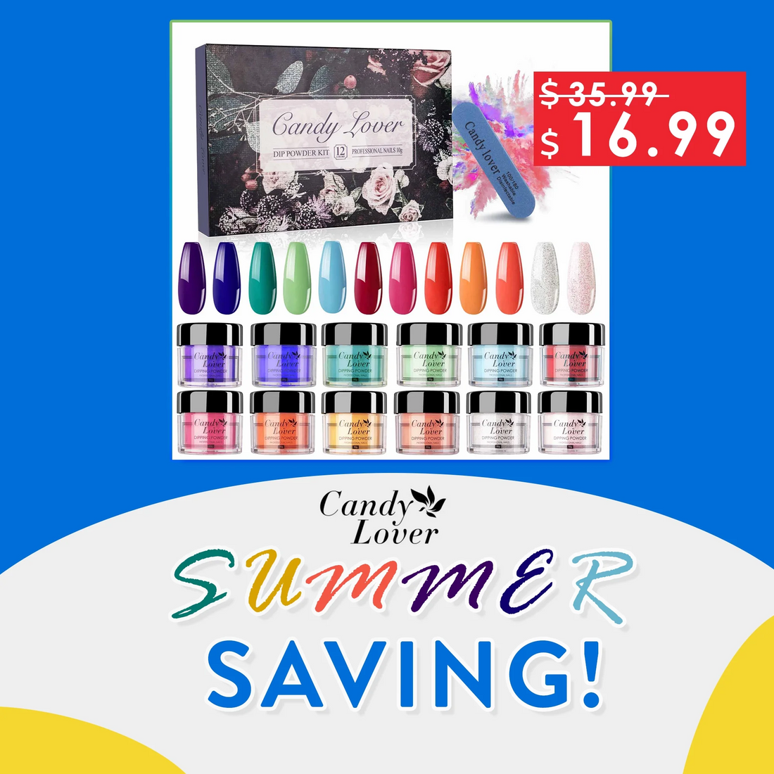 Candy Lover Dip Powder Nail Dip Powder Set, 12 Nail Dip Colors, Holiday Colors Collection Dipping Powder, Red Yellow Orange Green Blue Glitter Dip Manicure