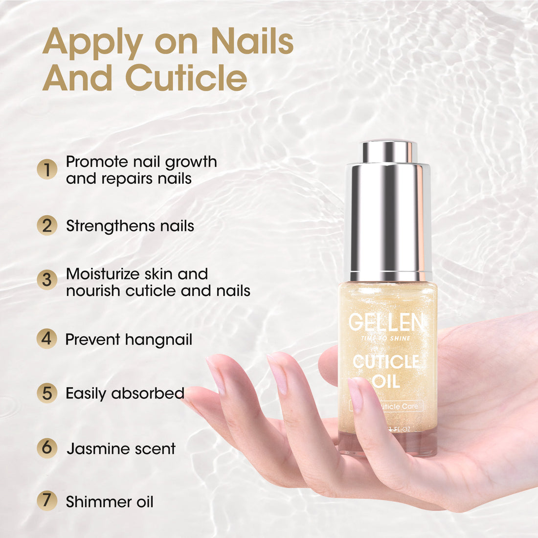 Gellen Nail Cuticle Oil for Growth and Strength, 15ml Vitamin E Nail Nourishing Oil for Hydrating, Moisturizing, Strengthening, Cuticle and Skin Nail Care for Women, Jasmine Scent, Gold Shimmer