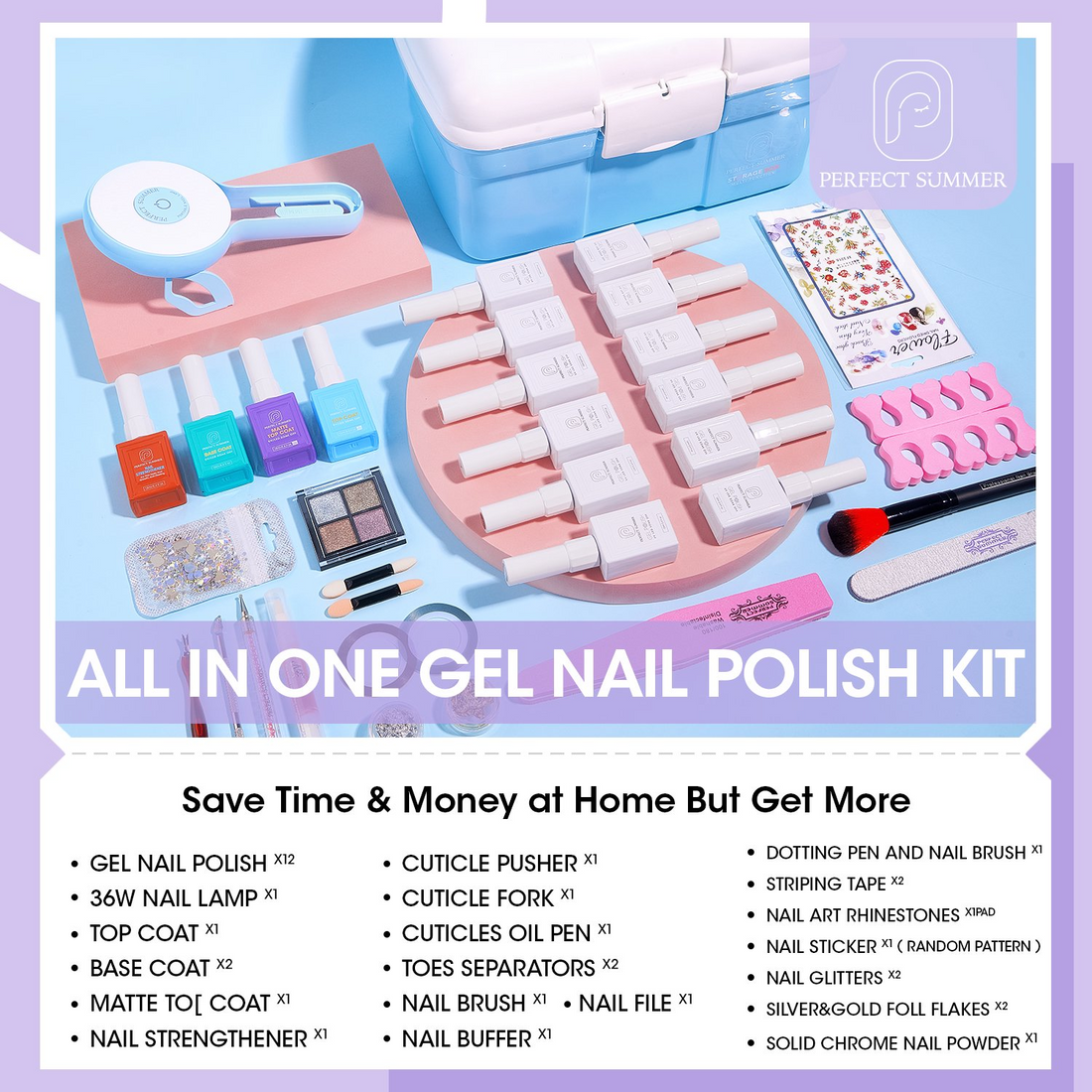 Perfect Summer Gel Nail Polish Kit with UV Lamp, Portable Nail Light Starter Kit with Storage Box, 12 Spring Summer Colors, All-in-One Manicure Set, Gift Set for Girls Women