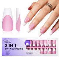 Gellen French Tips Press on Nails - 150 Pcs Pink Medium Coffin, Salon Acrylic Press on Nails Soft Gel Nail Tips, 15 Sizes Fake Nails 3 in 1 Pre-french French Tips Full Cover Tips for Nail Art