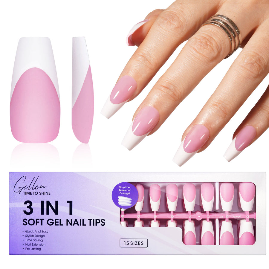 Gellen French Tips Press on Nails - 150 Pcs Pink Medium Coffin, Salon Acrylic Press on Nails Soft Gel Nail Tips, 15 Sizes Fake Nails 3 in 1 Pre-french French Tips Full Cover Tips for Nail Art