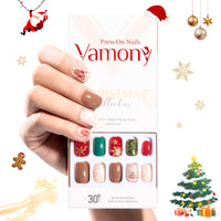 Vamony Short Square Press on Nails, Fake Nail Tips Kit with Adhesive Tabs, Mani Sticks and Files, 30 Count Xmas04 French False Nails Set Gift for Girls Women