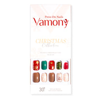 Vamony Short Square Press on Nails, Fake Nail Tips Kit with Adhesive Tabs, Mani Sticks and Files, 30 Count Xmas04 French False Nails Set Gift for Girls Women