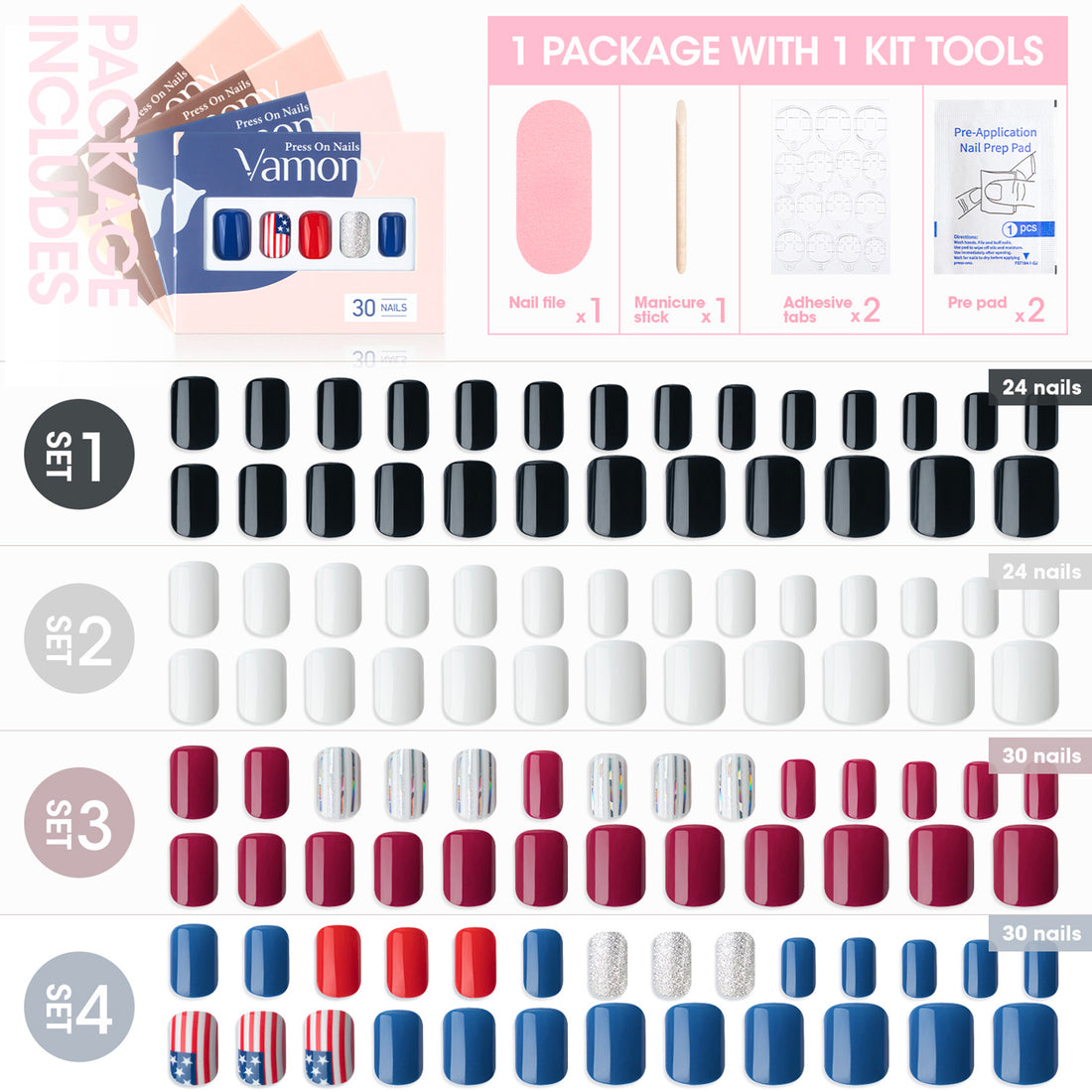 Vamony Press on Nails, 108 Pcs Short Square 4th of July Colors Finger False Nails, Press on Nails Kit with Adhesive Tabs, Mani Sticks and Files, Artificial Nails for Girls Women, 4 Packs Fake Nails
