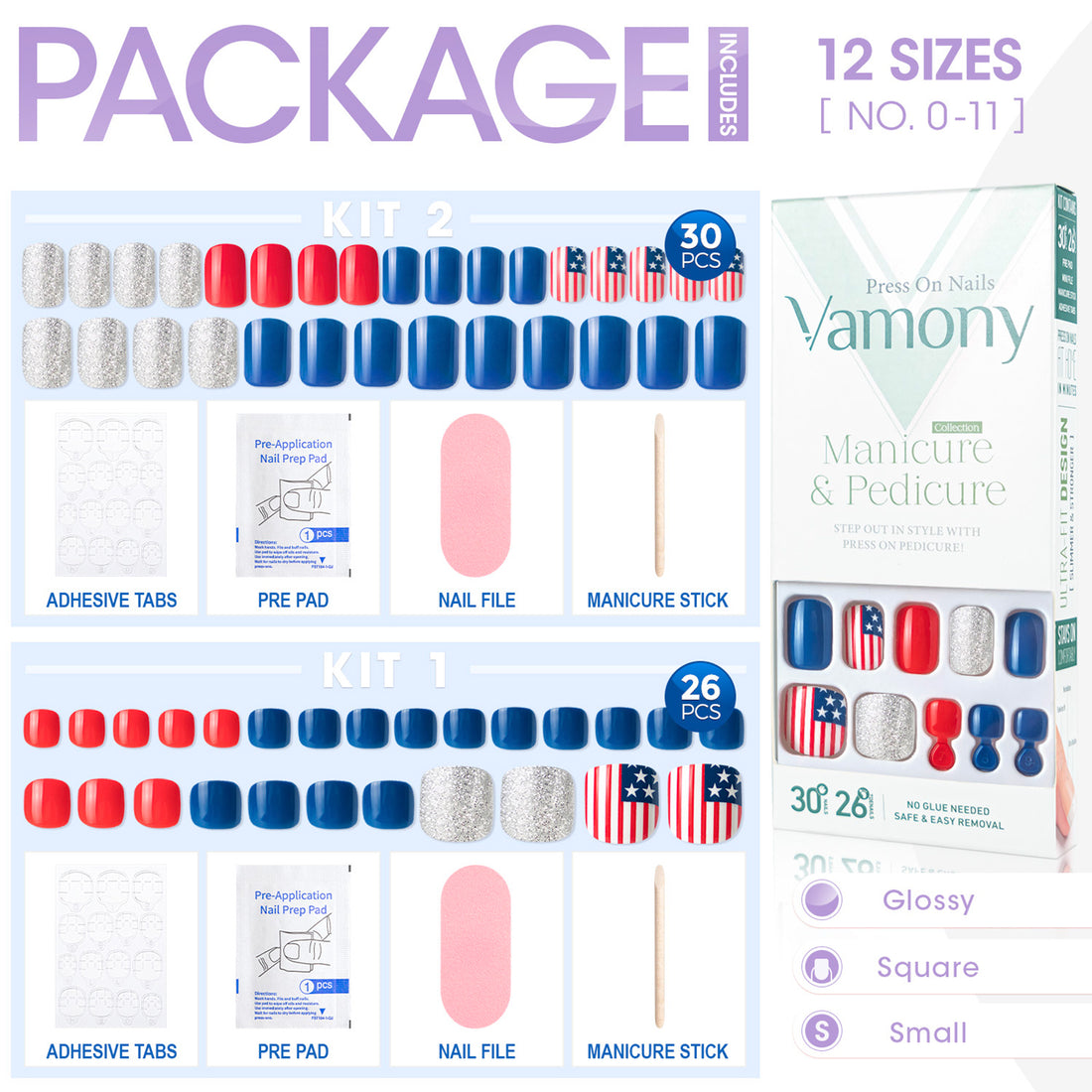 Vamony Press on Nails, 56 Pcs Short Square Toe Finger False Nails Set, Artificial Nails for Girls Women, US Flag Colors White Red Blue Fake Nails, Full Cover False Nails Gift