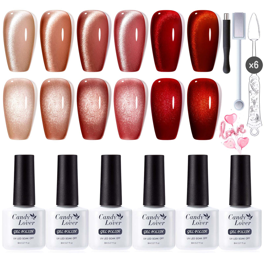 Candy Lover Cat Eye Gel Nail Polish Kit, 6 Red Glitter Cateye Gel Polish with 2 Magnets, Soak Off UV LED Nail Polish