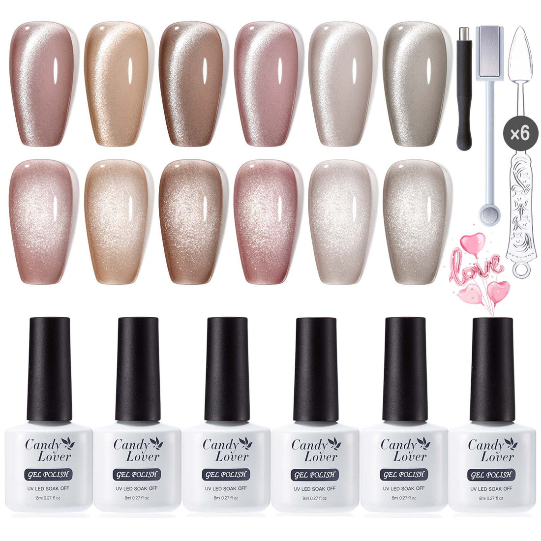 Candy Lover Cat Eye Gel Nail Polish Kit, 6 Holographic Glitter Pink Brown Colors Gel Polish with 2 Magnets, Soak Off UV LED Nail Polish