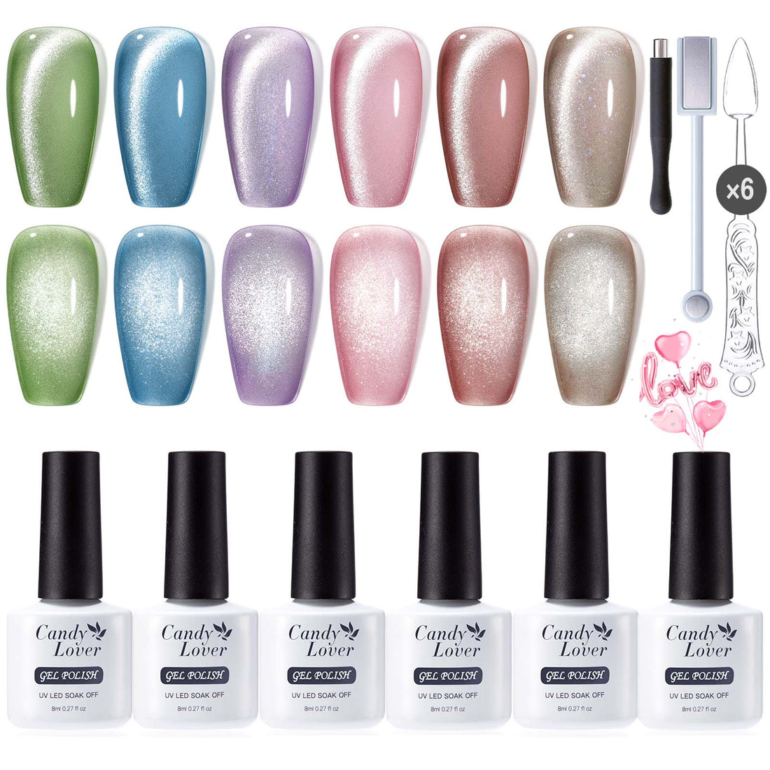 Candy Lover Cat Eye Gel Nail Polish Kit, 6 Pink Green Blue Purple Holographic Glitter Colors Gel Polish with 2 Magnets, Soak Off UV LED Nail Polish