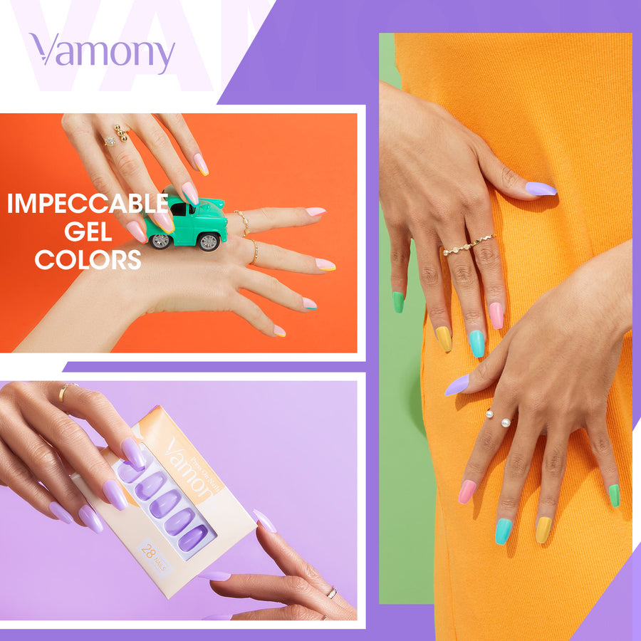 Vamony Short Coffin Press on Nails, 112 Pcs Fake Nail Tips Kit with Adhesive Tabs, Mani Sticks and Files, 4×28 Count Macaron French False Nails Gift for Girls Women