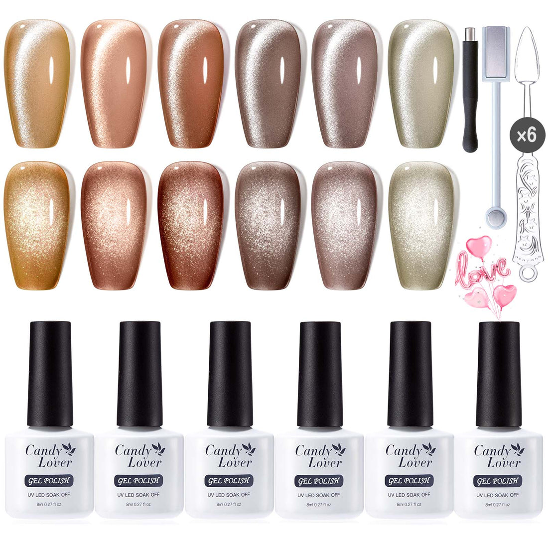 Cat Eye Gel Nail Polish Kit, Candy Lover 6 Brown Grey Yellow Holographic Glitter Fall Gel Nail Polish Colors with 2 Magnets, Magnetic Gel Nail Kit