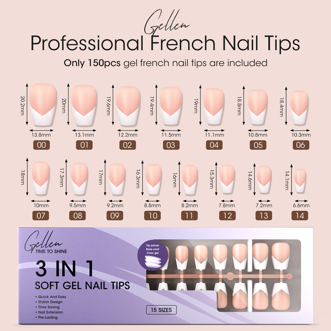 Gellen French Tips Press on Nails - 150 Pcs Brown Medium Coffin, Salon Acrylic Press on Nails Soft Gel Nail Tips, 15 Sizes Fake Nails Full Cover Tips for Nail Art