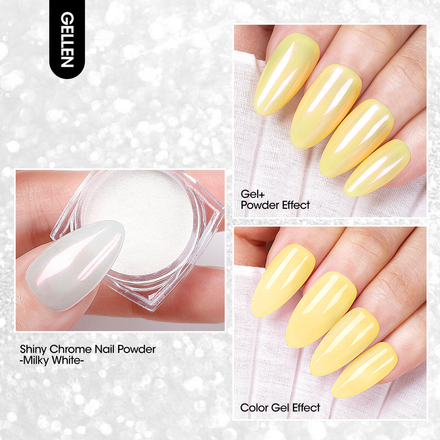 Gellen Gel Polish Chrome Nail Powder Kit - 1Pc 18ml Yellow Gel Nail Polish and 1Pc Pearl Nail Chrome Powder, Iridescent Aurora Mirror Effect Pigment for Nail Polish Nail Art