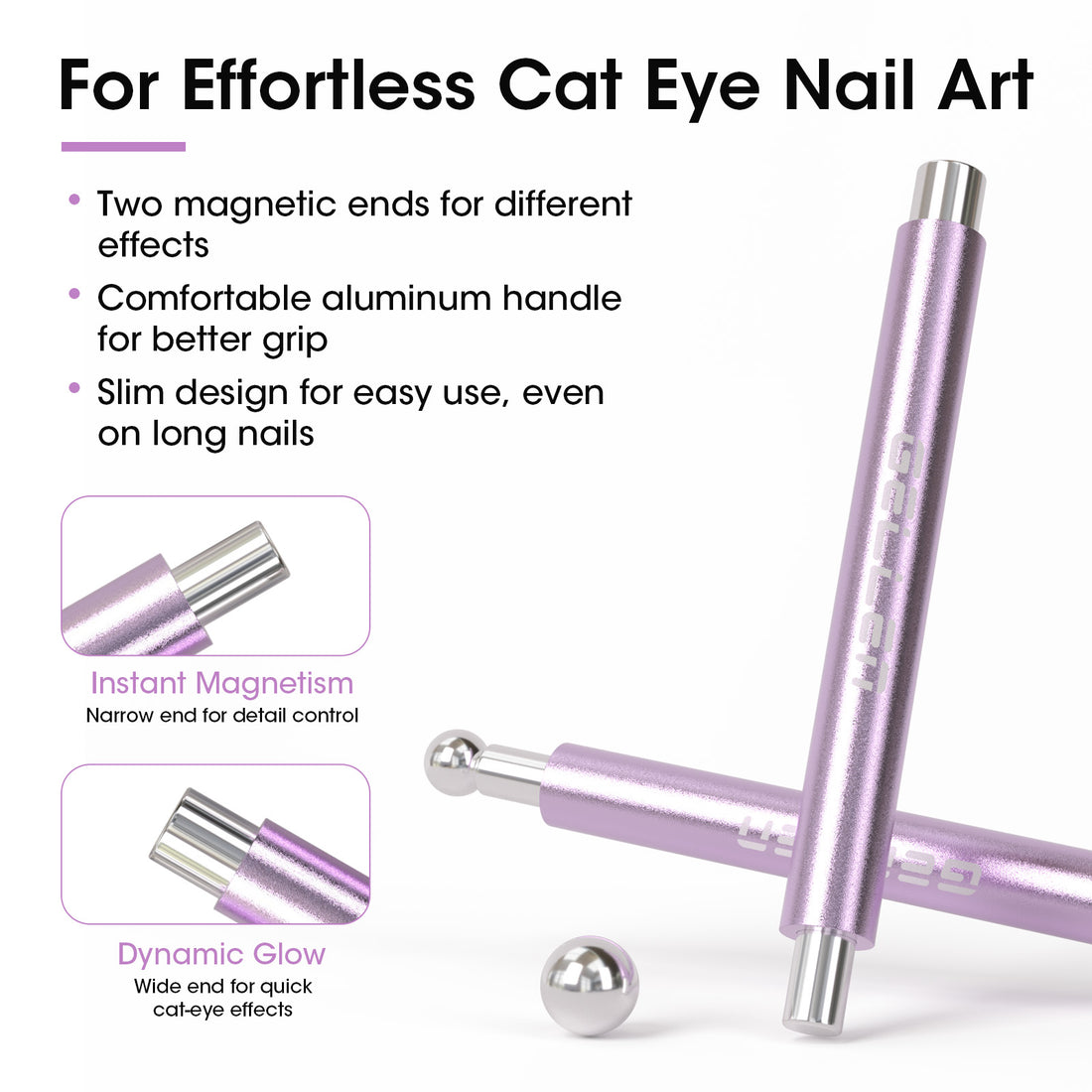 Gellen Double-Ended Cat Eye Magnet Stick, Dual Cat Eye Gel Nail Polish Sturdy Magnet Tool with Round Beads, Multifunctional Cat-Eye Nail Art Effect at Home Salon DIY