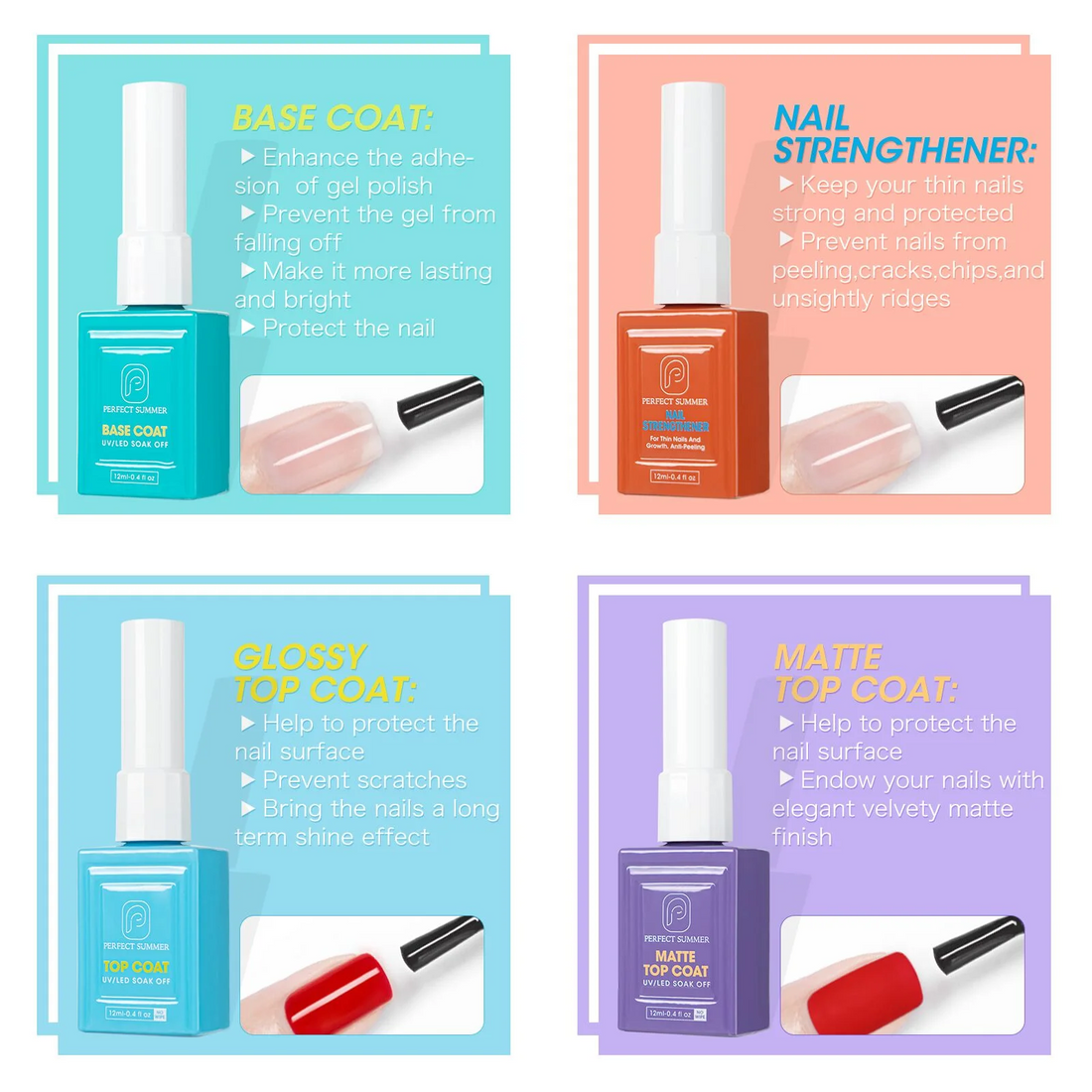 Perfect Summer Gel Top Coat and Base Coat Nail Polish with Nail Strengthener Gel Set, No Wipe UV LED Soak Off Nail Gel Polish, Shiny Glossy Clear Matte Finish, Top Coat Base Coat Manicure