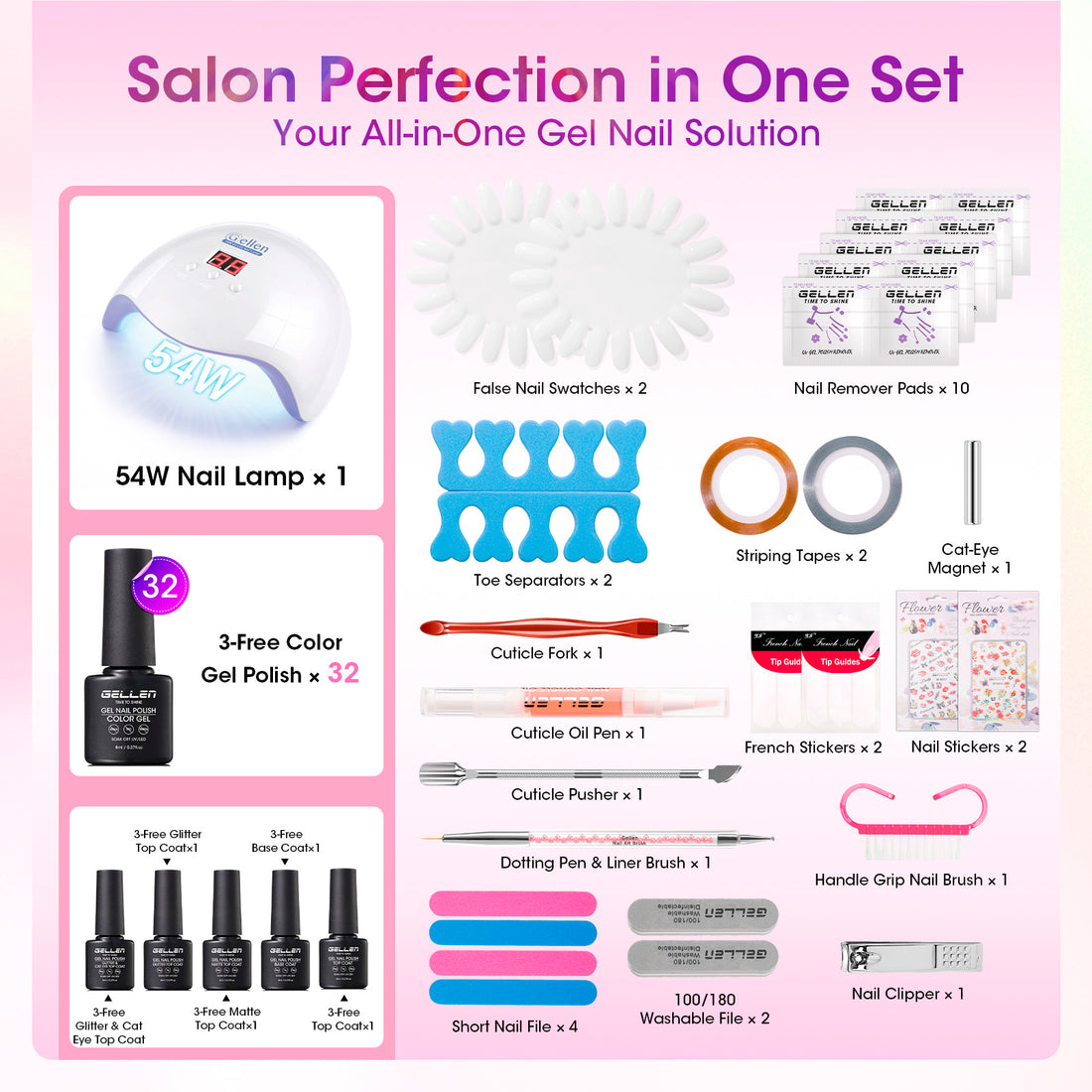 Gellen 71Pcs Gel Nail Polish Kit with 54W UV Light, 32Colors Rainbow Glow All Seasons Hema-Free Gel Polish Set with 5pcs Functional Gel Top Base Coat, Nail Art Salon Manicure for Women