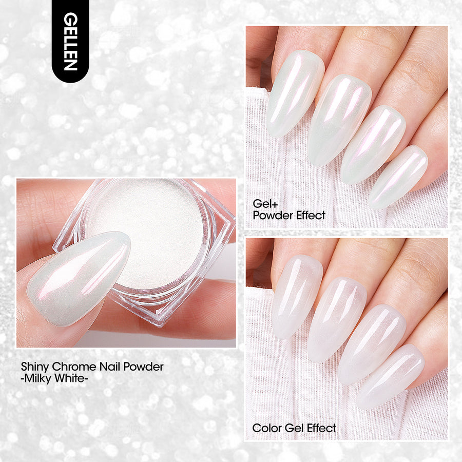 Gellen Gel Polish Chrome Nail Powder Kit - 1Pc 18ml Milky White Gel Nail Polish and 1Pc Pearl Nail Chrome Powder, Iridescent Aurora Mirror Effect Pigment for Nail Polish Nail Art