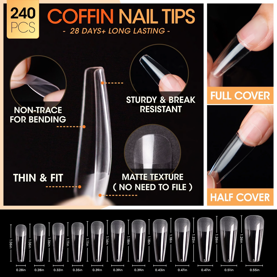 Gellen 240Pcs Gel Tips Nail Extension Kit Coffin False Nail Tips with Nail Glue Gel Kit, Fake Nails Kit with Base & Top Coat and LED Nail Lamp, Easy Diy Fast Extension Manicure Set