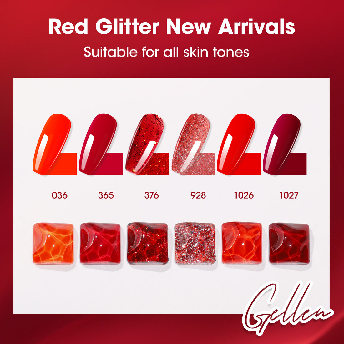 Gellen Red Gel Nail Polish Set, 6 Colors Winter Christmas Burgundy Red Bloody Red Glitter Gel Polish, No Wipe Soak Off Glossy UV Gel for DIY Nail Art Salon Manicure, 10ml/0.33oz
