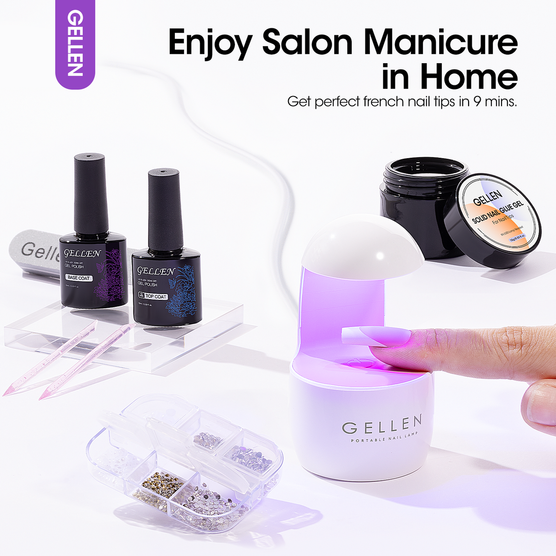 Gellen French Tips Gel Nail Kit - 240 Pcs Pink Long Square, Salon Acrylic Nail Kits Including Gel Top Coat and Base Coat, UV Lamp, Solid Nail Glue Gel, Nail Charms for French Tip Manicure