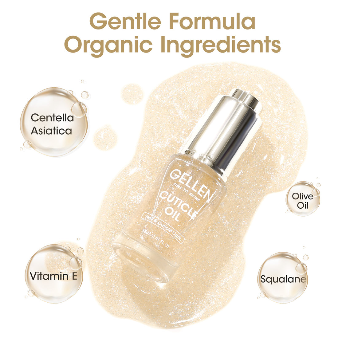 Gellen Nail Cuticle Oil for Growth and Strength, 15ml Vitamin E Nail Nourishing Oil for Hydrating, Moisturizing, Strengthening, Cuticle and Skin Nail Care for Women, Jasmine Scent, Gold Shimmer