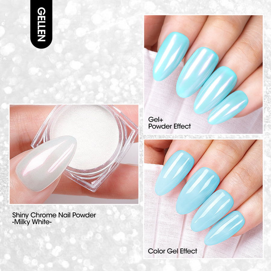 Gellen Gel Polish Chrome Nail Powder Kit - 1Pc 18ml Blue Gel Nail Polish and 1Pc Pearl Nail Chrome Powder, Iridescent Aurora Mirror Effect Pigment for Nail Polish Nail Art