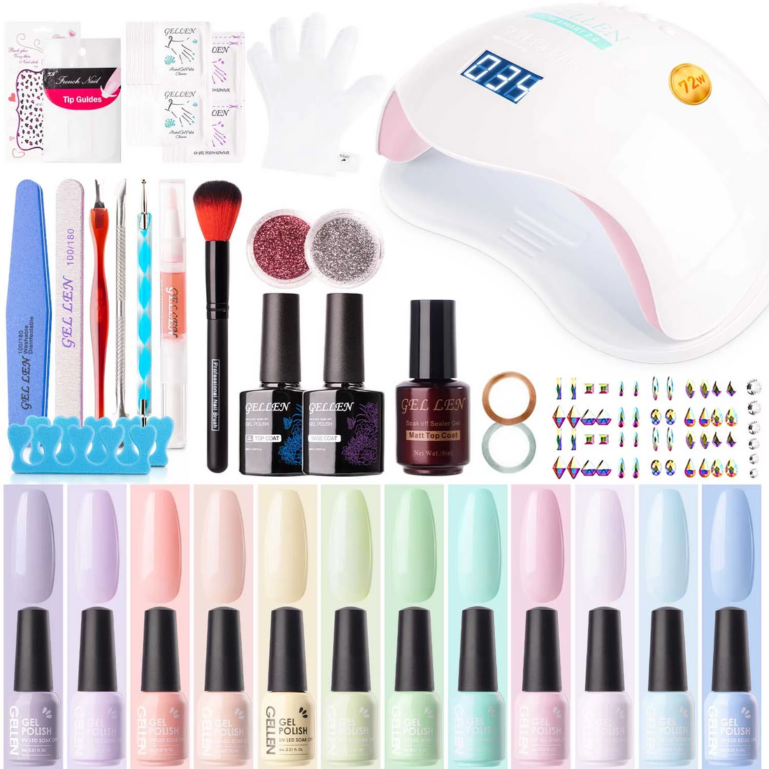 Gellen 12 Colors Macaron Candy Gel Nail Polish Starter Kit - with 72W UV/LED Nail Lamp