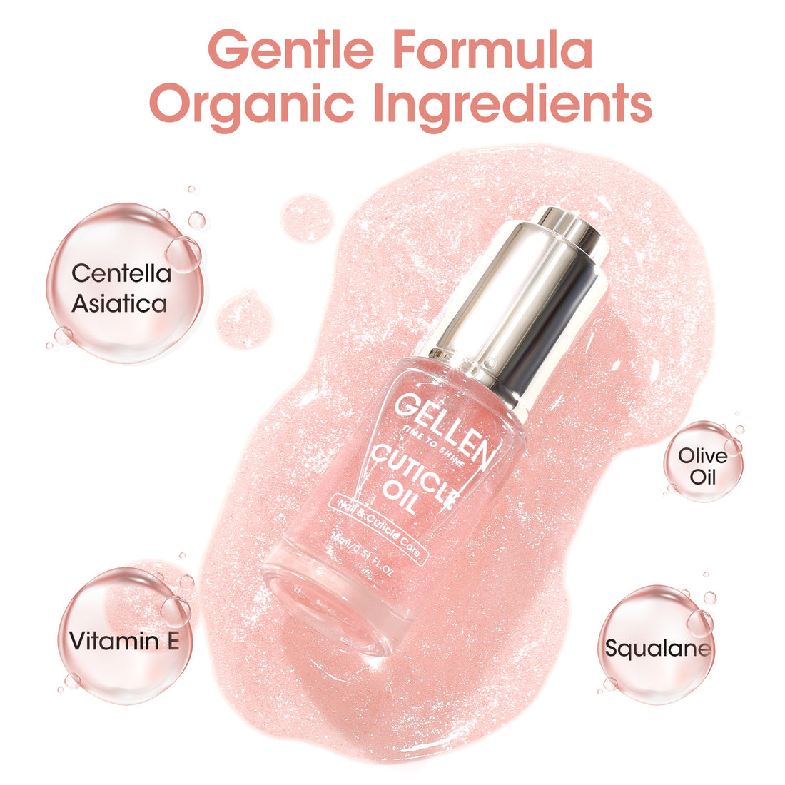 Gellen Nail Cuticle Oil for Growth and Strength, 15ml Vitamin E Nail Nourishing Oil for Hydrating, Moisturizing, Strengthening, Cuticle and Skin Nail Care for Women, Jasmine Scent, Nude Pink Shimmer