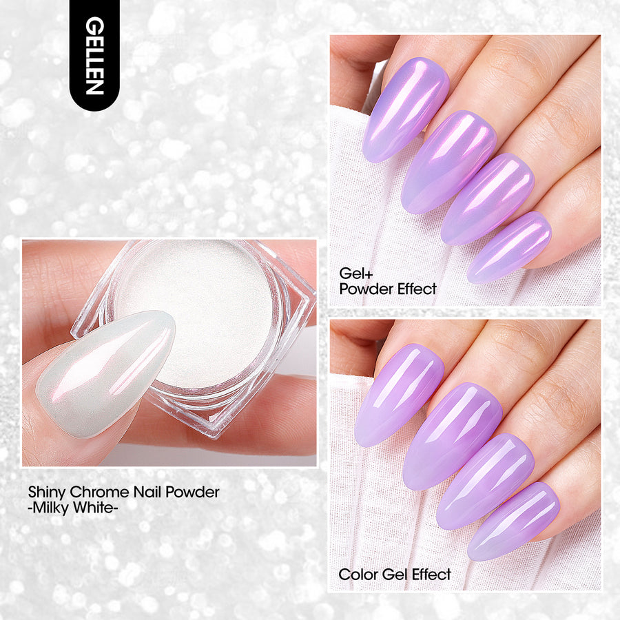 Gellen Gel Polish Chrome Nail Powder Kit - 1Pc 18ml Purple Gel Nail Polish and 1Pc Pearl Nail Chrome Powder, Iridescent Aurora Mirror Effect Pigment for Nail Polish Nail Art