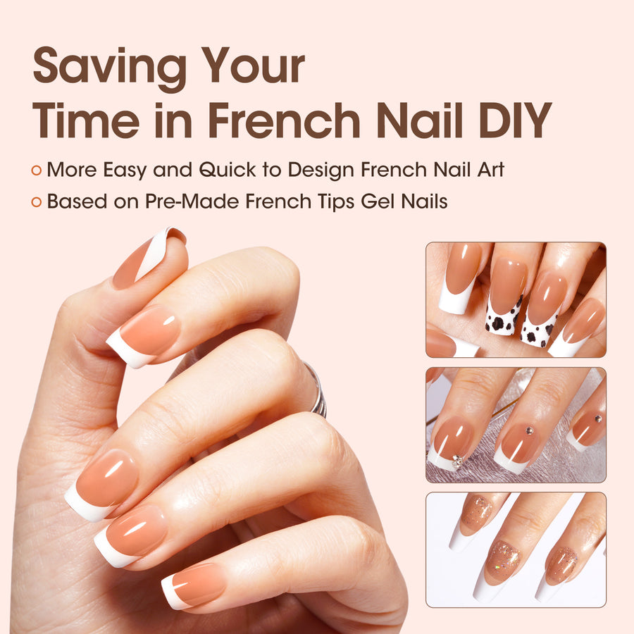 Gellen French Tips Press on Nails - 150 Pcs Brown Short Square, Salon Acrylic Press on Nails Soft Gel Nail Tips, 15 Sizes Fake Nails 3 in 1 Pre-french French Tips Full Cover Tips for Nail Art