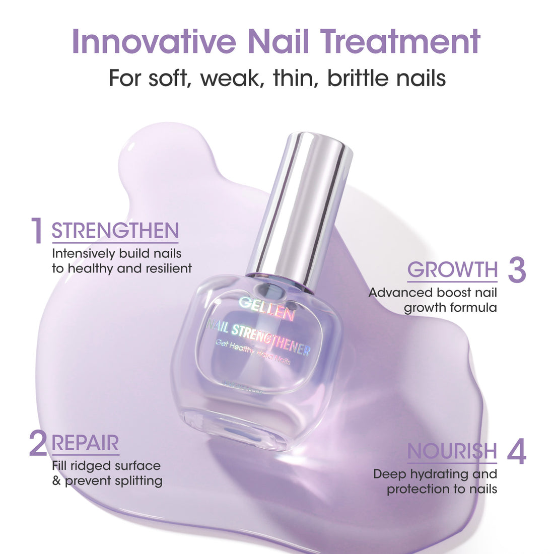 Gellen 15ml Nail Strengthener, Air Dry Clear Finish Nail Growth Strengthener for Thin Weak and Damaged Nails Repair Solution with Protein Keratin Calcium Nourish Nail Care Treatment, Lavender Scented