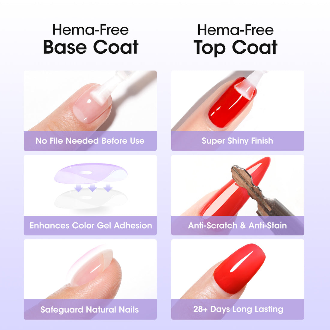 Gellen Hema-Free Gel Base and Top Coat Set, 2Pcs 20ML No Wipe Glossy Gel Top Coat, Clear UV Base Coat Gel Nail Polish, Soak Off Nail Lamp Gel Base Top Coat Nail Art Home Manicure