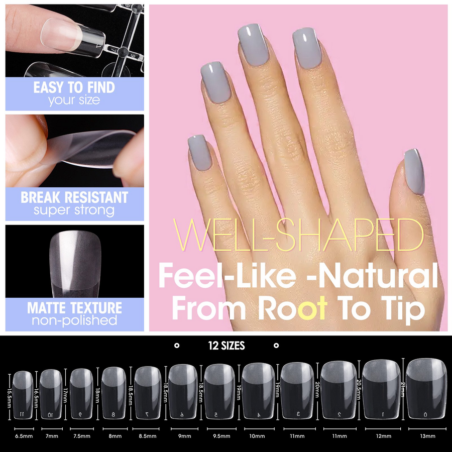 Perfect Summer Nail Tips and Glue Gel Kit, 504pcs Short-square False Nail Tips, 3 in 1 Base Coat and Strengthen Gel, Portable UV Nail Lamp, Gel Nail Extension Kit, Acrylic Nail Kit