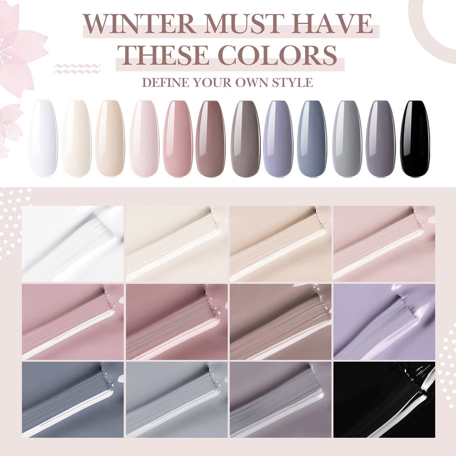Perfect Summer Gel Nail Polish, 12 Colors Gel Polish Classic Gray Nude Black Soak Off UV Nail Polish Gel, Manicure DIY Salon Nail Art Gift for Women Girls