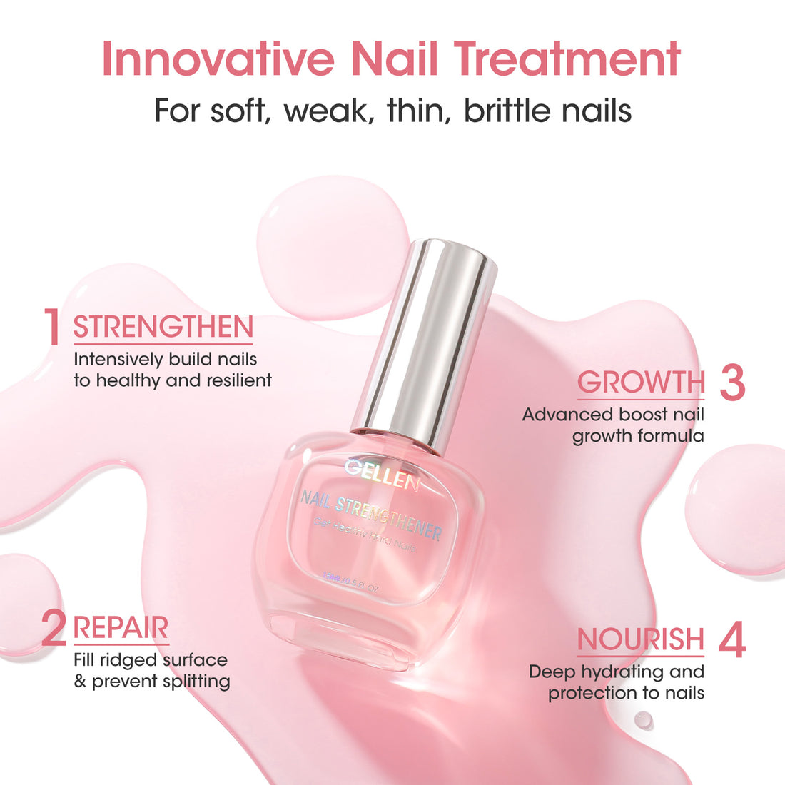 Gellen 15ml Nail Strengthener, Air Dry Clear Finish Nail Growth Strengthener for Thin Weak and Damaged Nails Repair Solution with Protein Keratin Calcium Nourish Nail Care Treatment, Sakura Scented