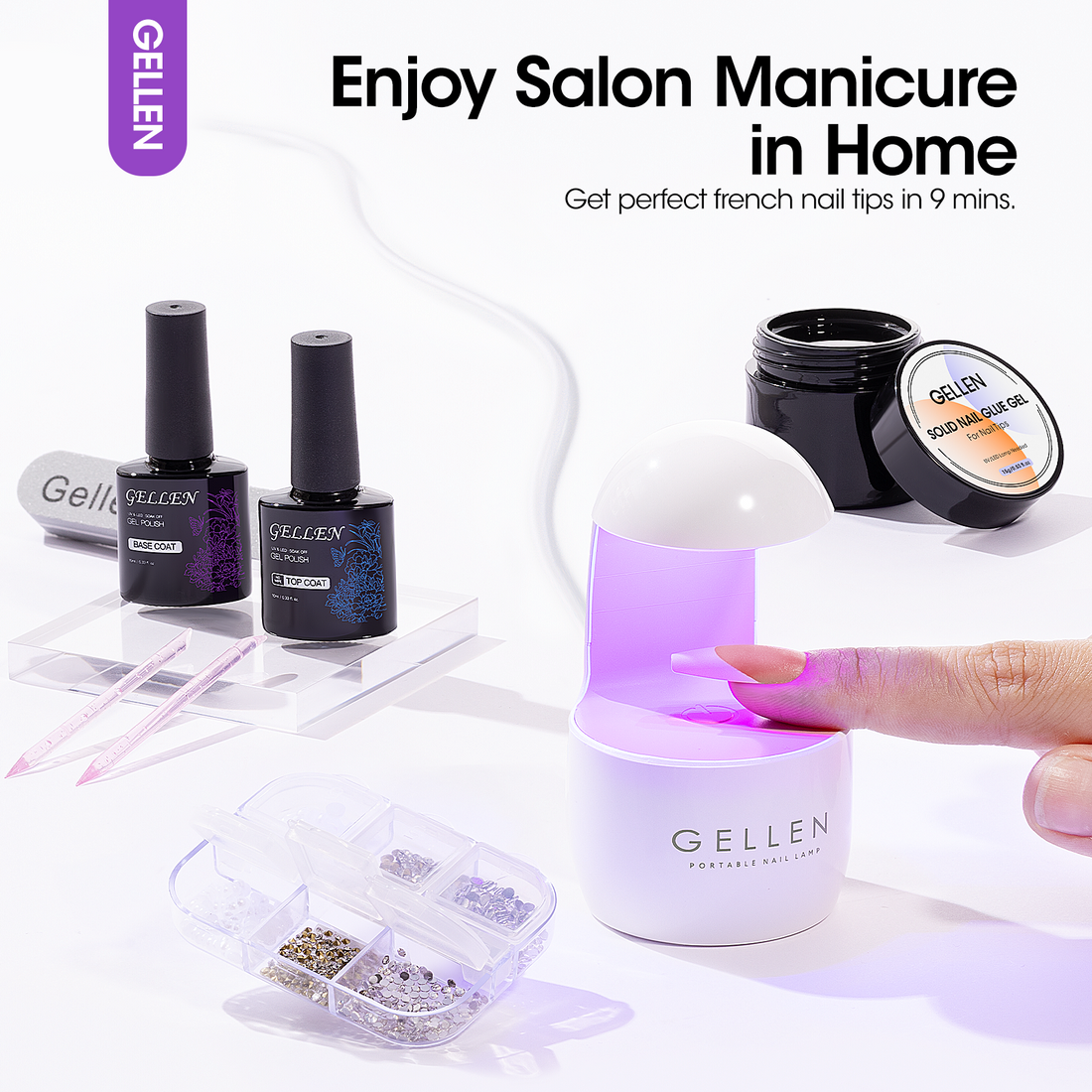 Gellen French Tips Gel Nail Kit - 240 Pcs Brown Medium Coffin, Salon Acrylic Nail Kits Including Gel Top Coat and Base Coat, UV Lamp, Solid Nail Glue Gel, Nail Charms for French Tip Manicure