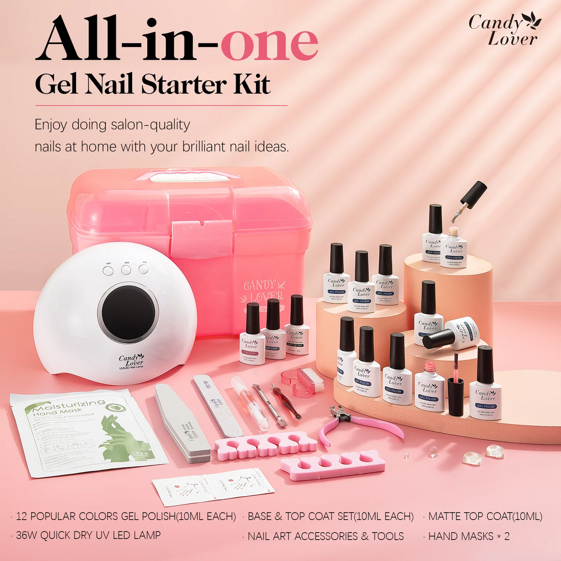 Candy Lover Gel Nail Kit with UV LED Lamp, Natural Quick Dry Gel Polish, 12 Colors Soak Off Gel Polish Starter Home Kit with Base Top Coat Gel Polish Set, Nail Art Accessories Free Storage Box