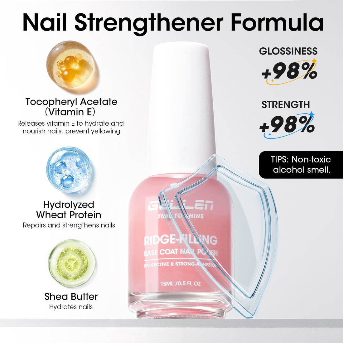 Gellen Base & Top Coat Nail Polish Set, Pink Nail Ridge Filler & High Shine Top Coat Duo, Nail Strengthener for Weak Damaged Nails, Quick Dry Chip Resistant Clear Nail Polish, HEMA Free