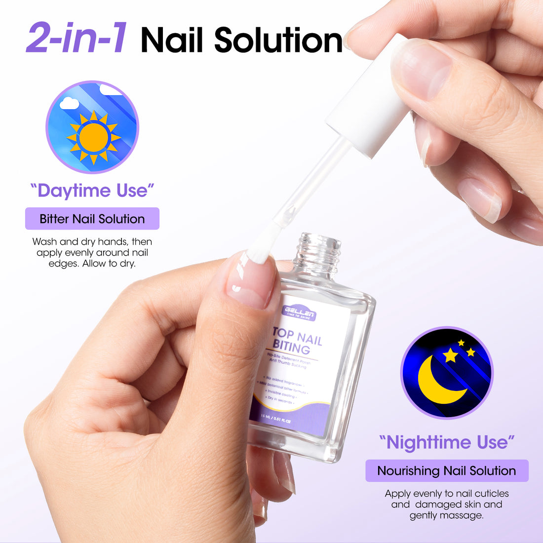 Gellen Nail Biting Treatment for Kids & Adults, Anti Nail Biting Polish with Bitter Taste, Thumb Sucking Deterrent & Nail Repair Treatment, Clear Nail Strengthener 15ML