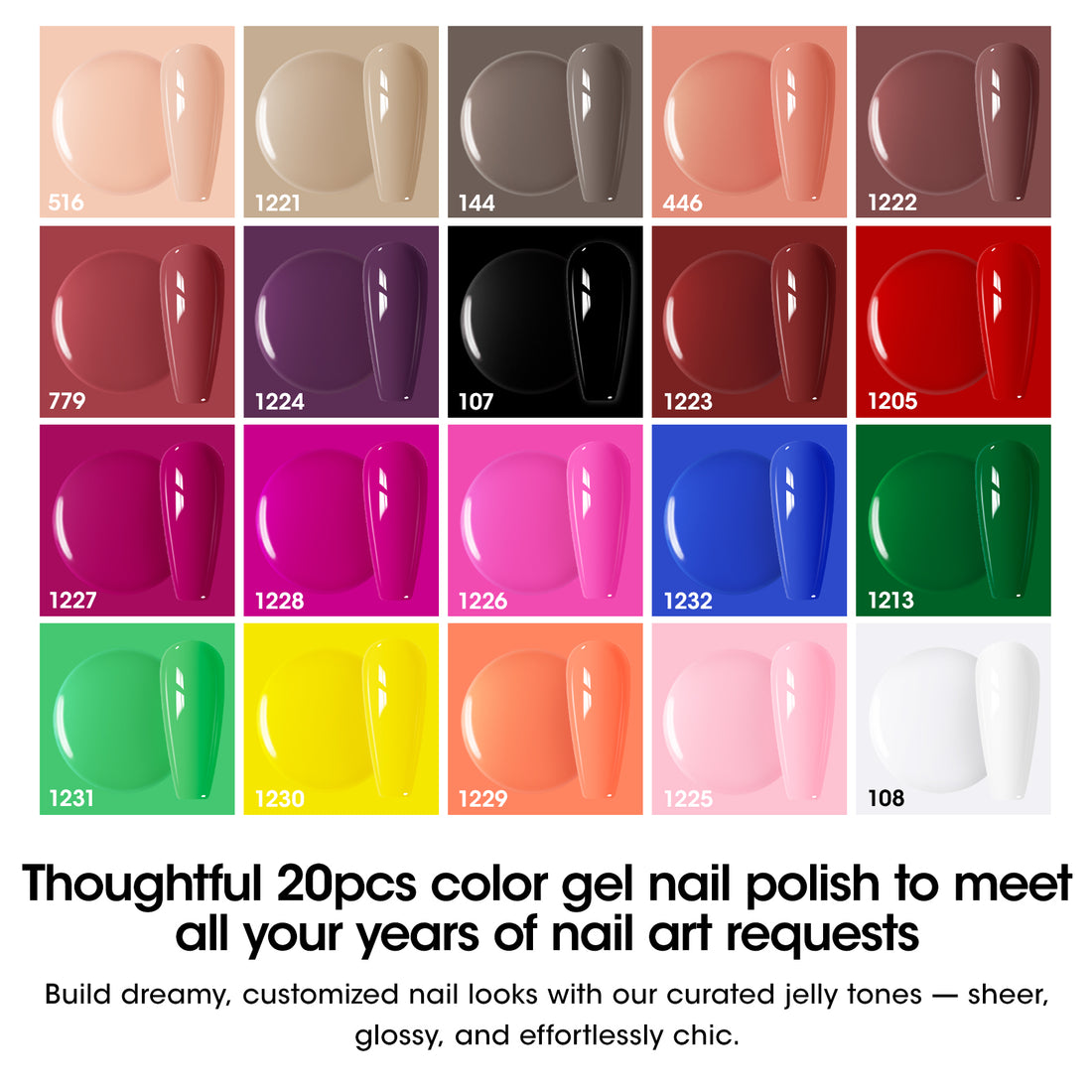 Gellen 24Pcs Gel Nail Polish Set, 20Colors All Seasons Gel Polish with Base Coat & Glossy Matte Cateye Top Coat, HEMA TMPTA TPO 3-Free Red Pink Green White UV Cured Soak off Nail Kit for Women