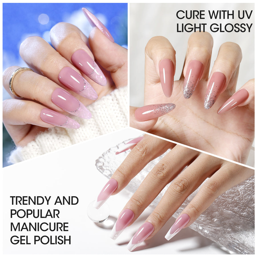 Gellen Nude Jelly Gel Nail Polish Set, 6 Colors White Nude Semi Sheer Gel Polish, No Wipe Soak Off UV Gel for DIY Nail Art Salon French Manicure, 10ml/0.33oz