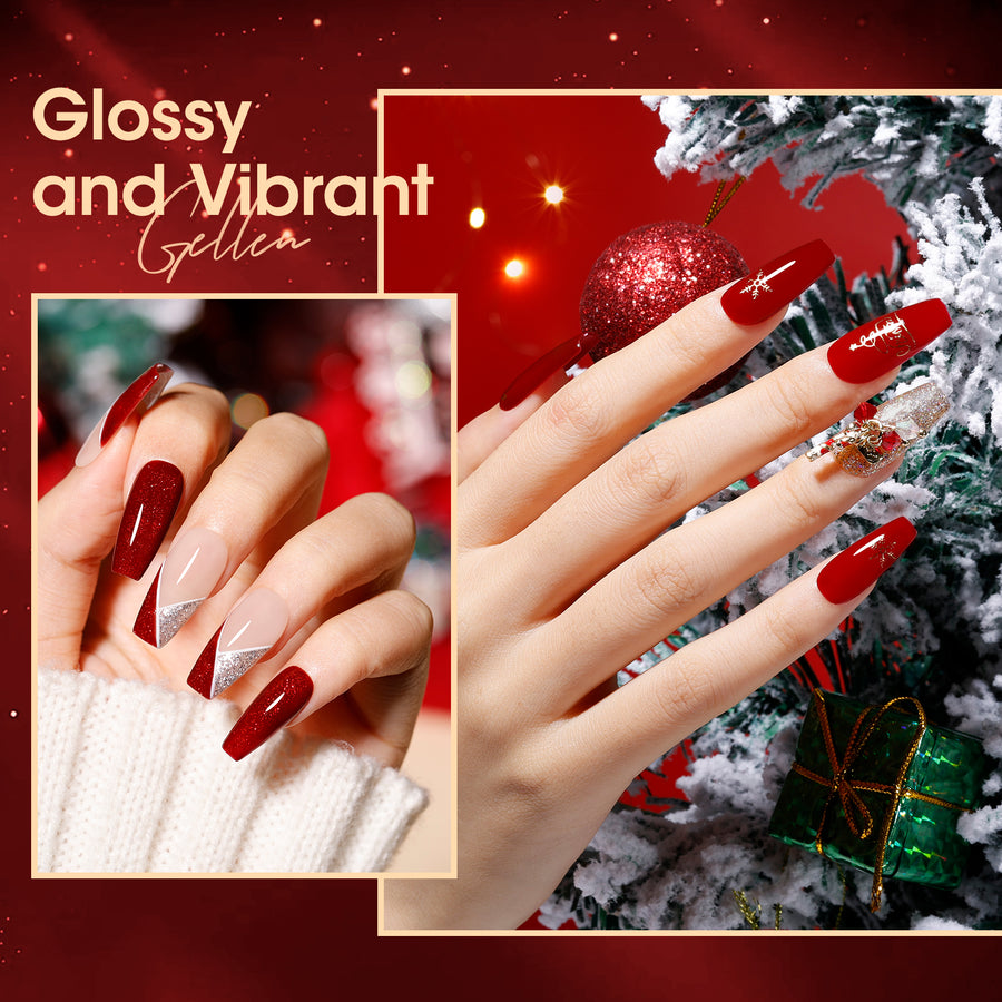 Gellen Red Gel Nail Polish, 6 Colors Red Burgundy Glitter Gel Polish Set Snow White Gold Silver Sparkle Soak Off Nail Gel Kit for Christmas Nail Art Home Diy Manicure