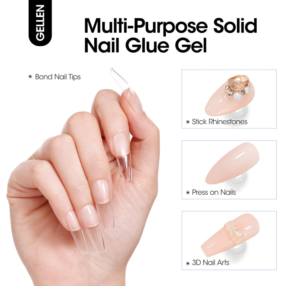 Gellen Nail Glue Gel for Fake Nails Tips, 1Pc 15g Solid Gel Nail Glue for Press ons Nails with 60ml Nail Glue Remover Set