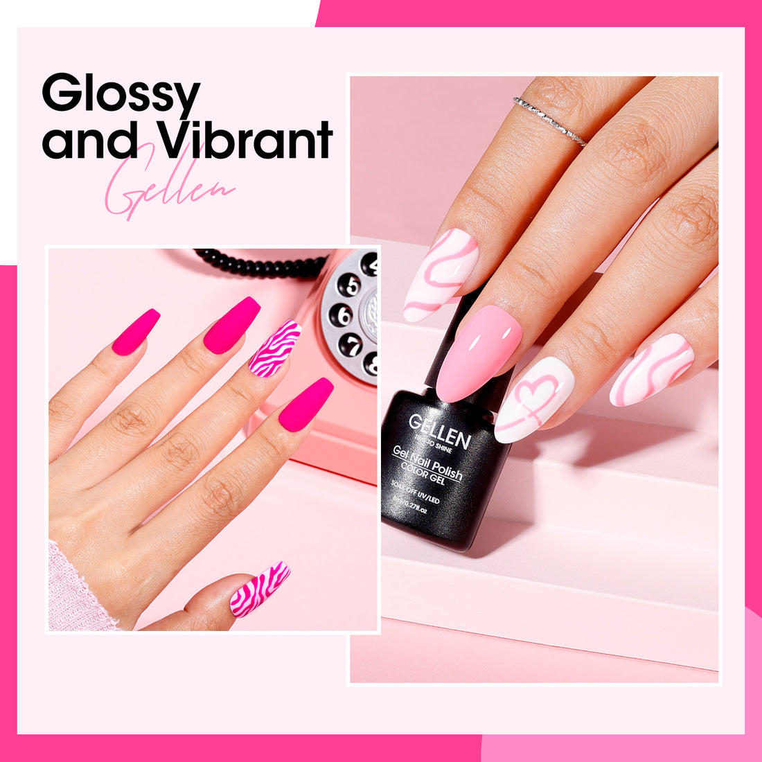 Gellen Pink Gel Nail Polish, 6 Colors Hot Pink Baby Pink White Gel Polish Set Neon Pink Light Pink Soak Off Nail Gel Kit for Valentine's Day Nail Art Home Diy Manicure