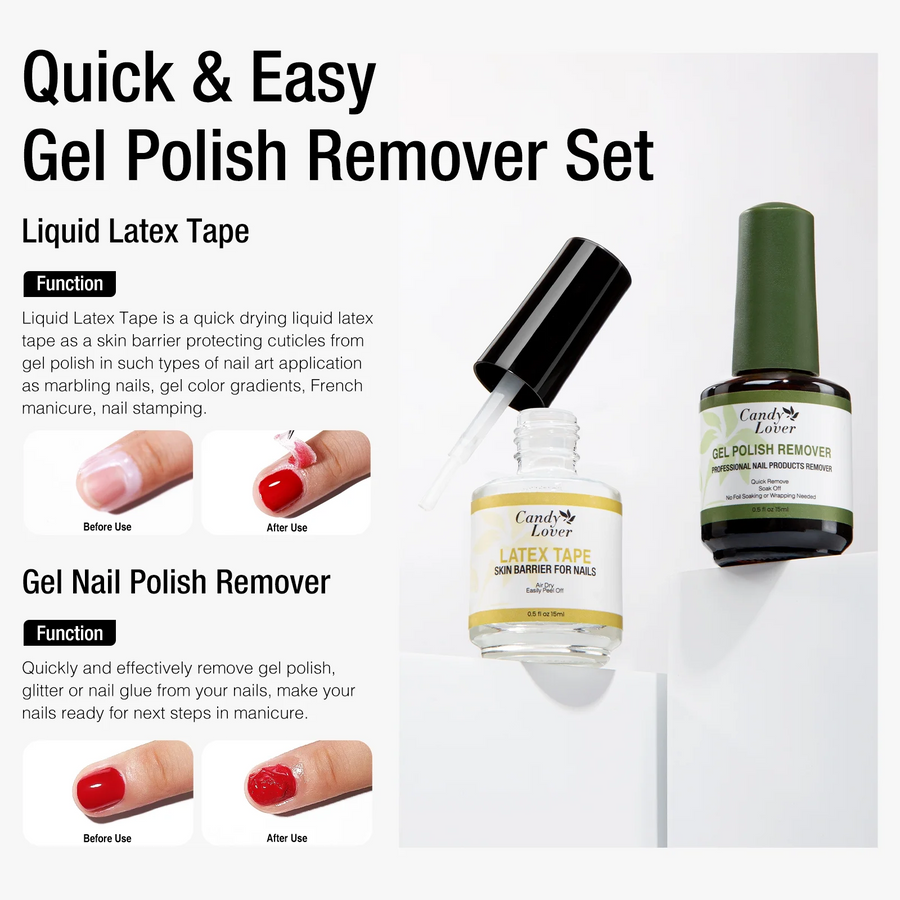 Candy Lover Gel Nail Polish Remover Kit, Non Acetone Nail Polish Gel Remover, Liquid Latex Peel Off Tape, Cuticle Oil, Cuticle Remover Liquid, No Irritating, No Soaking or Wrapping